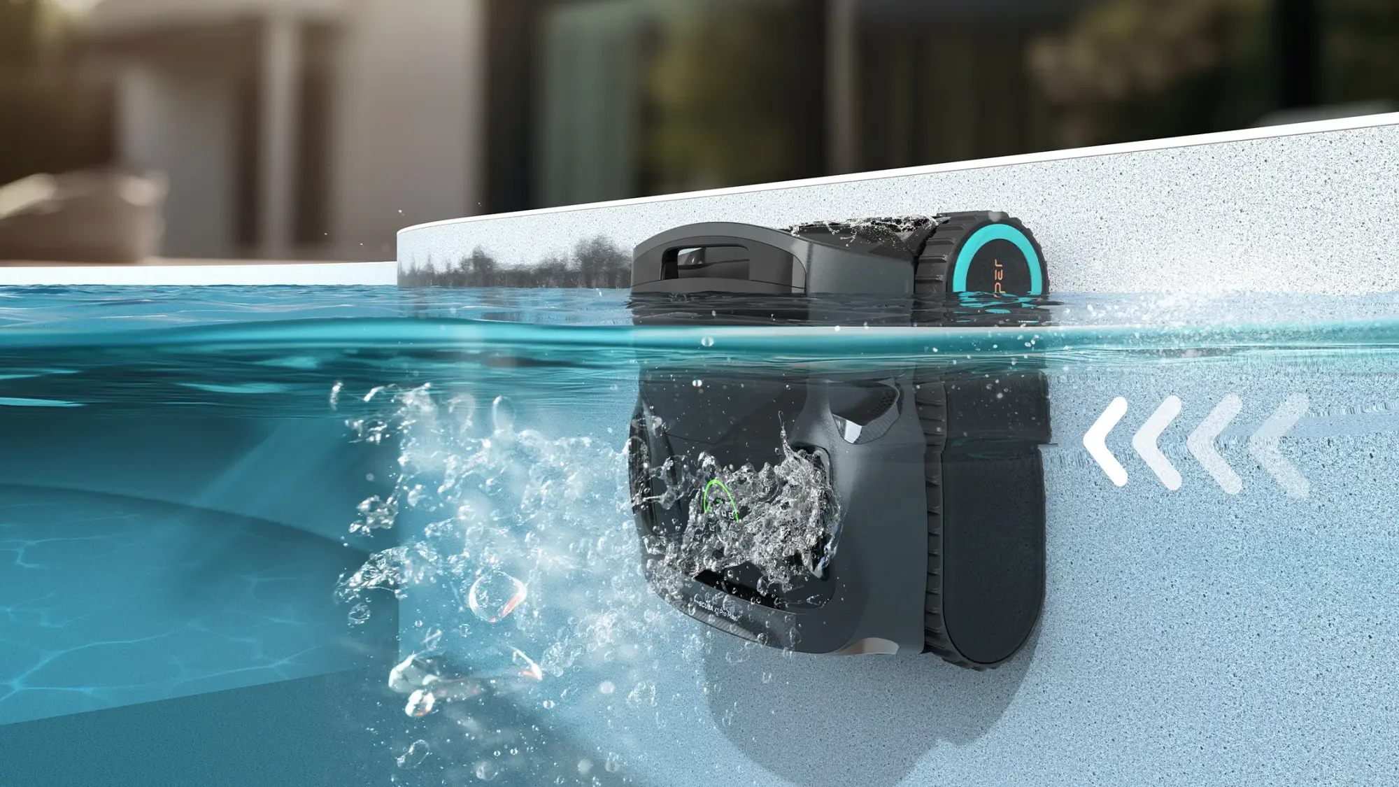 Kabelloser Poolroboter klettert die Poolwand hoch und schrubbt die Wasserlinie gründlich.