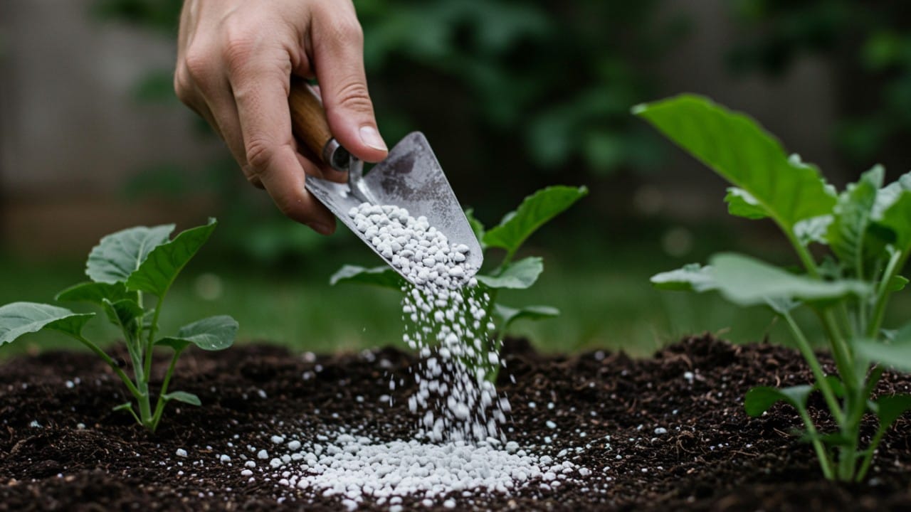 Applying garden lime to soil to raise pH levels and restore nutrient availability for plants.