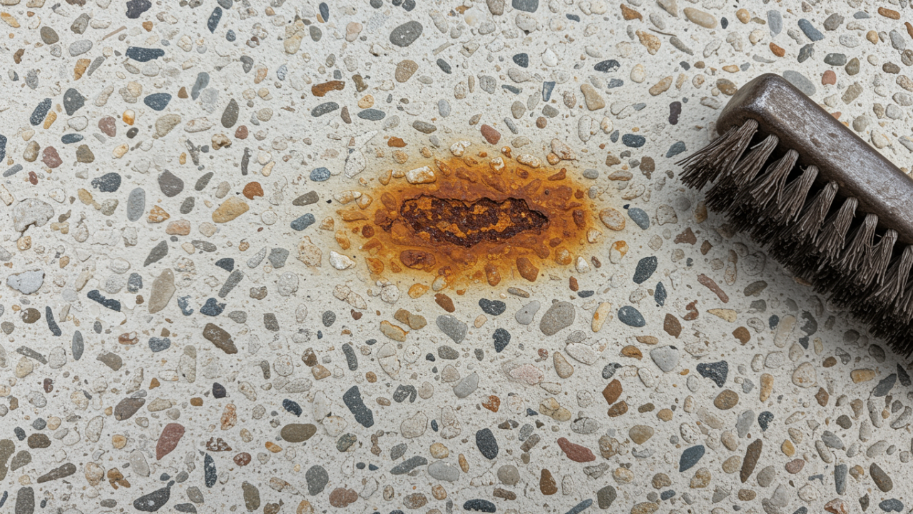 Ugly rust stains on a pebblecrete pool step caused by cleaning with a wire brush.