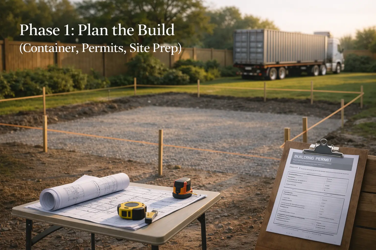 Site preparation for a shipping container pool build featuring blueprints, string lines, and building permits.