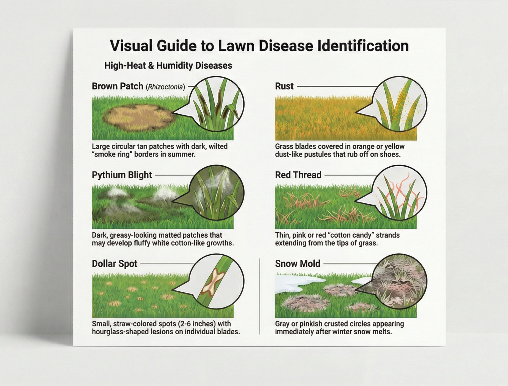 A visual lawn disease identification chart displaying symptoms of common fungal infections like Brown Patch, Dollar Spot, and Red Thread side-by-side.