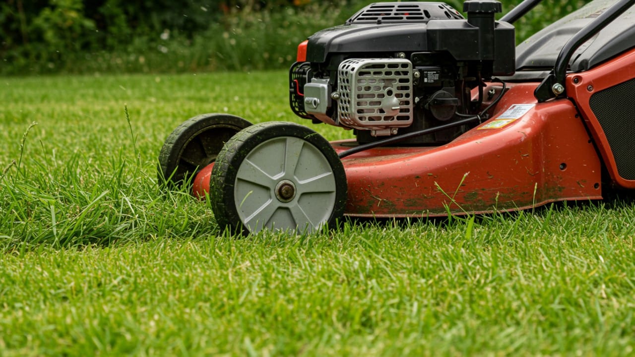 Lawn mower set to a high cutting height to protect grass roots from heat.