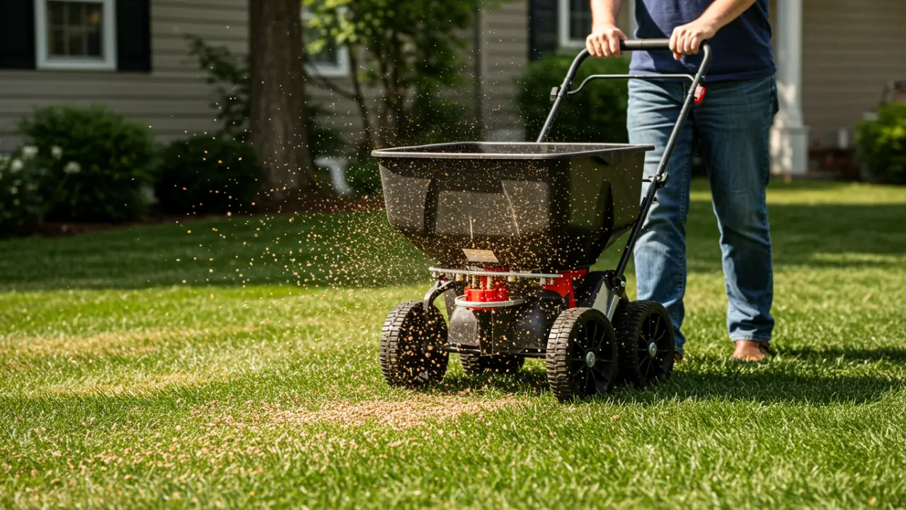 Homeowner using a spreader to apply slow-release fertilizer.