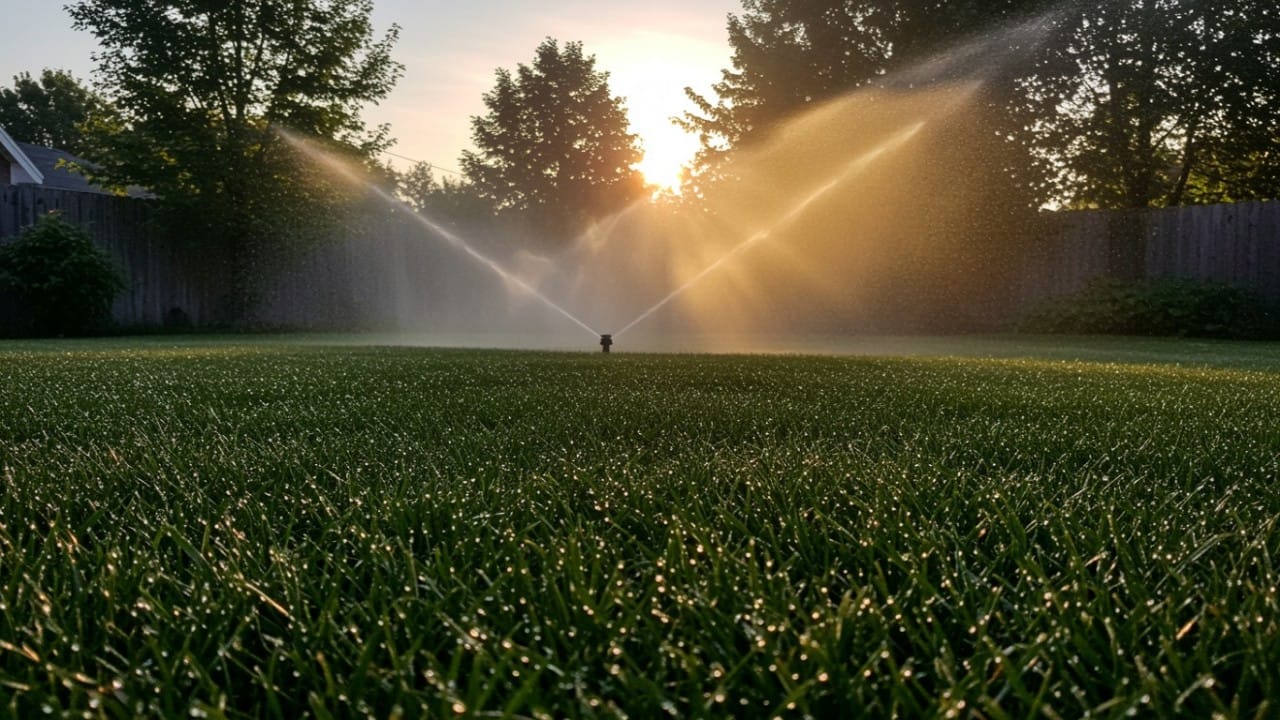 Rotary sprinkler watering a dew-covered lawn during a bright early morning sunrise.