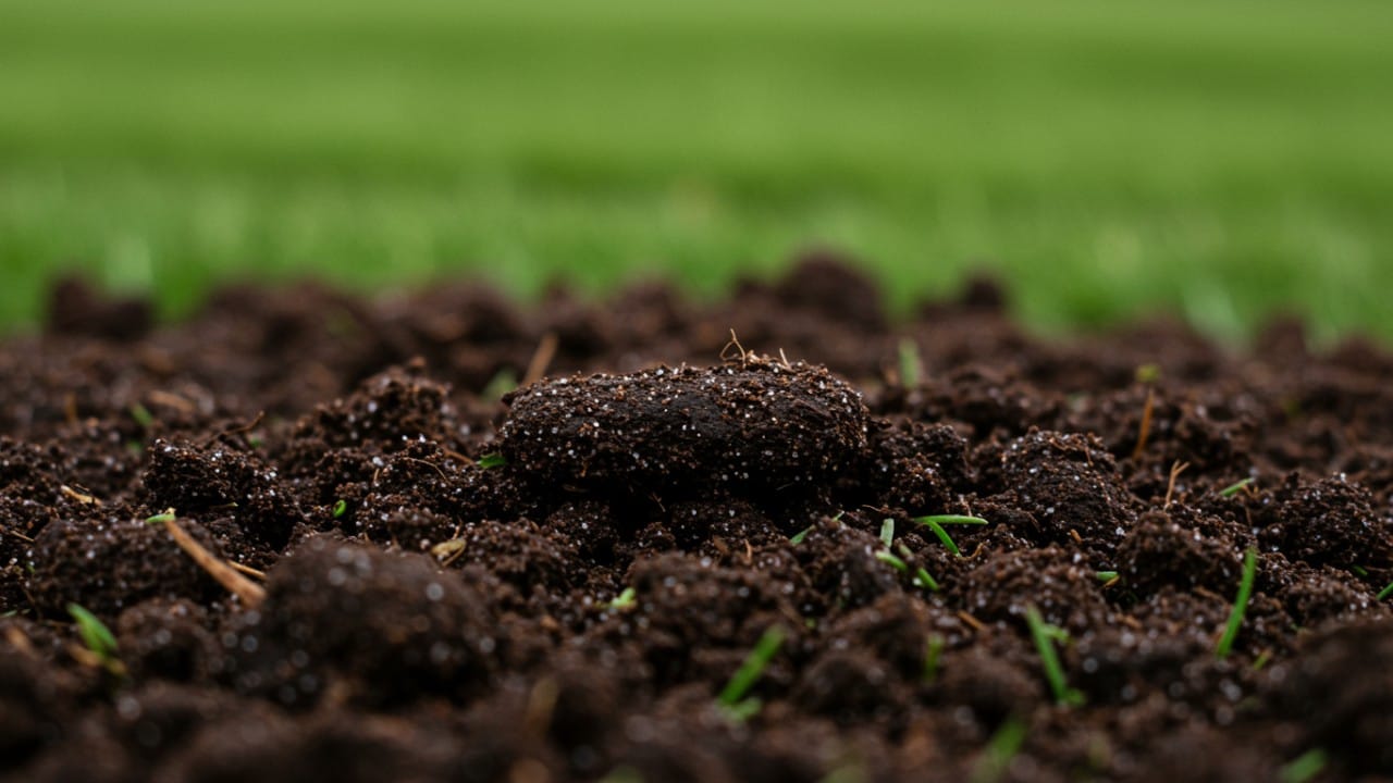 Close-up view of dark soil plugs resting on green grass blades immediately after using a core aerator.
