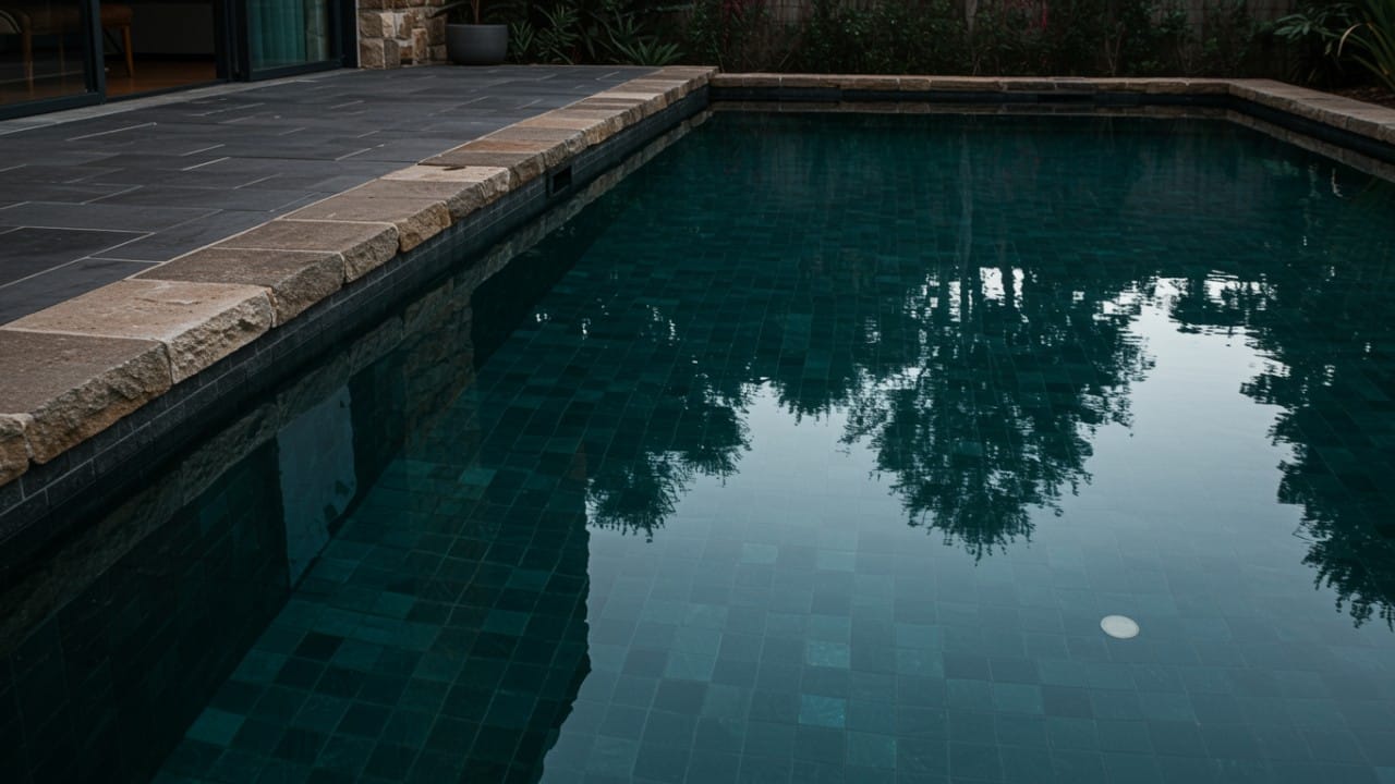 A deep charcoal tiled pool creating a natural mirror effect and lagoon aesthetic in a backyard garden.