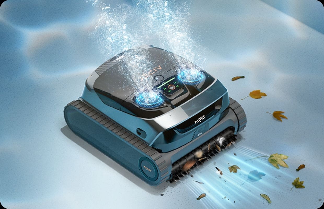 Aiper Scuba X1 robot limpiafondos piscina sin cable utilizando doble chorro de succión para retirar hojas y suciedad del fondo de la piscina