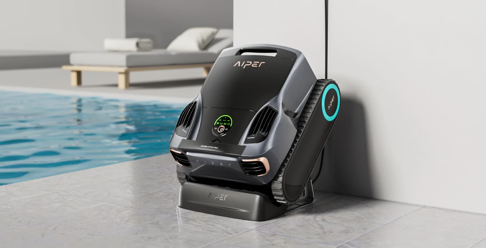 Robot limpiafondos Aiper Scuba X1 Pro Max aparcado junto a la piscina