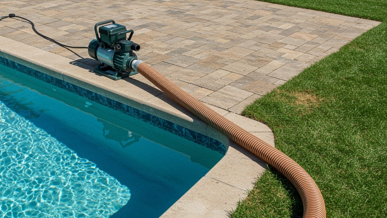 Draining a swimming pool using a submersible pump to lower calcium hardness levels and replace the water.