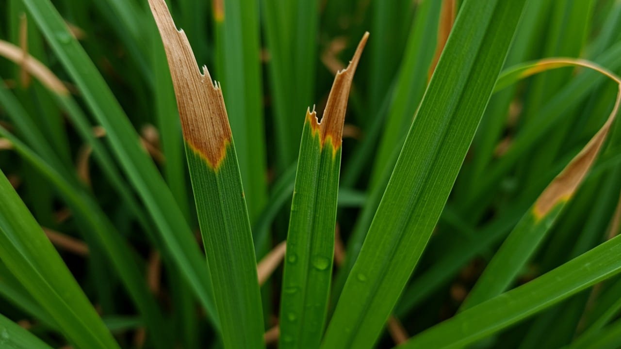 Grass blades with brown torn tips caused by mowing with a dull blade instead of a sharp cut.