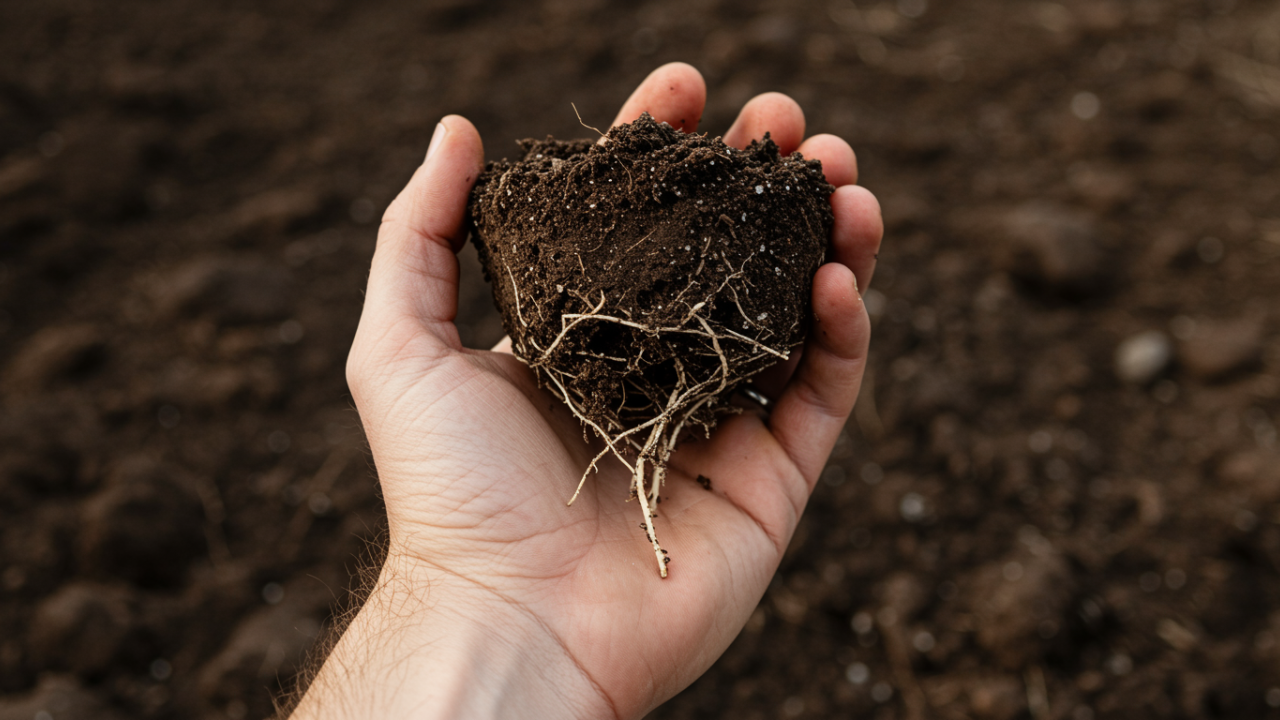 A soil plug showing deep, healthy grass roots and moist soil from proper nutrient absorption.