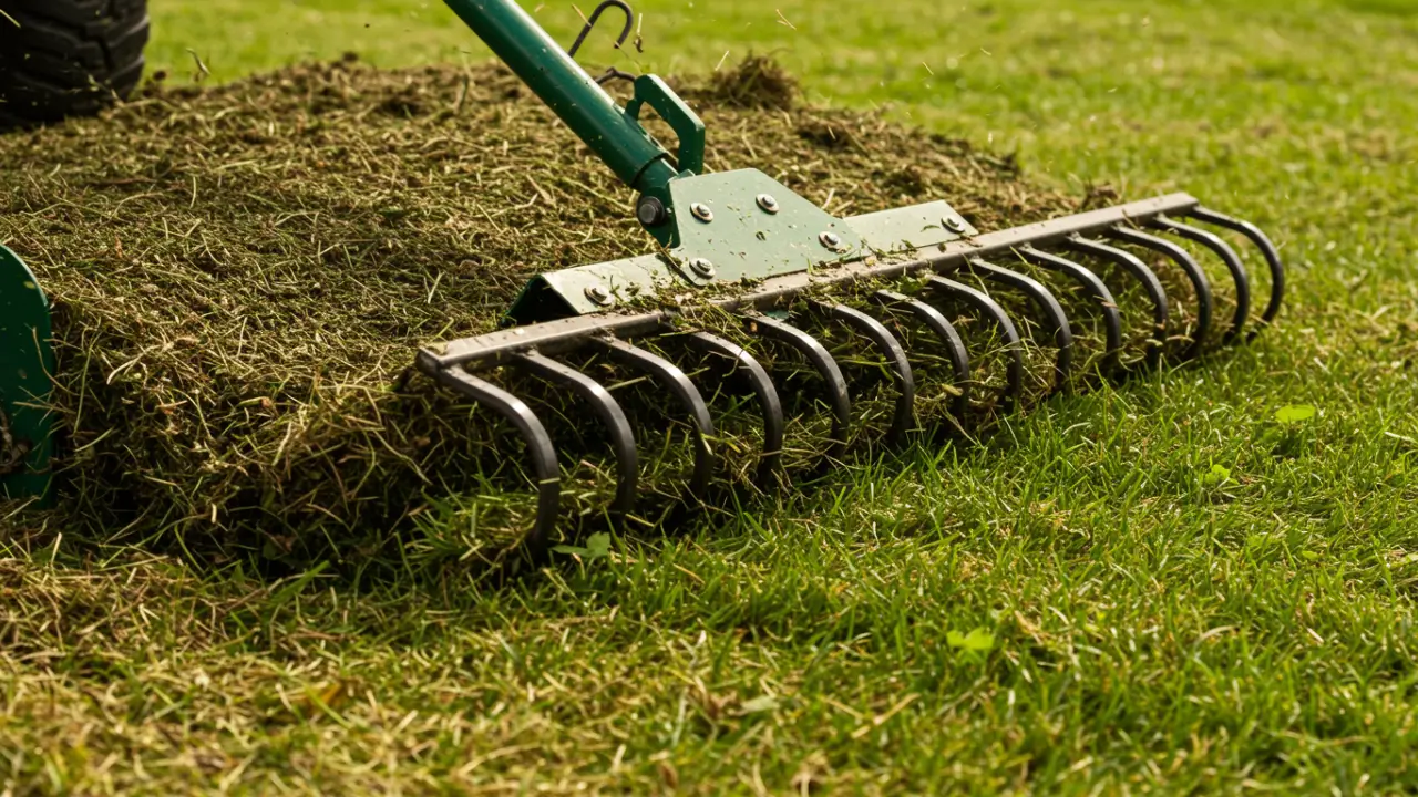 Using a landscape rake to smooth top dressing soil into the turf.