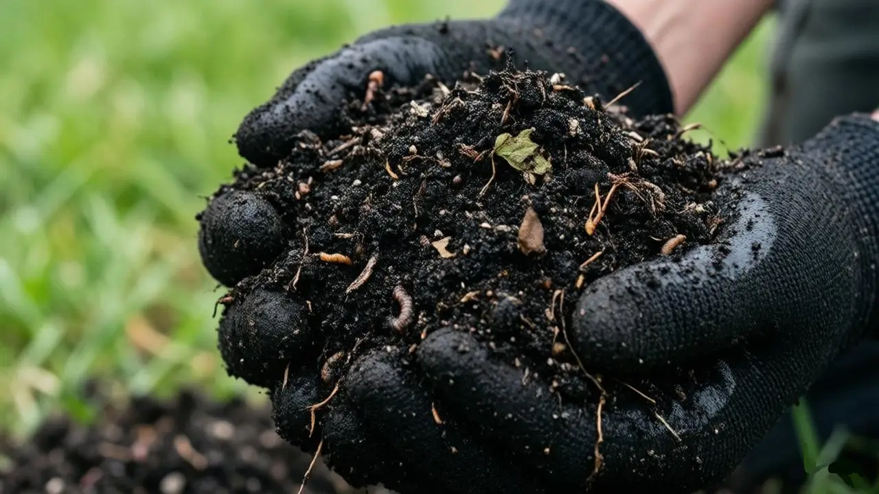 Gardener holding nutrient-rich compost top dressing mix in gloved hands.