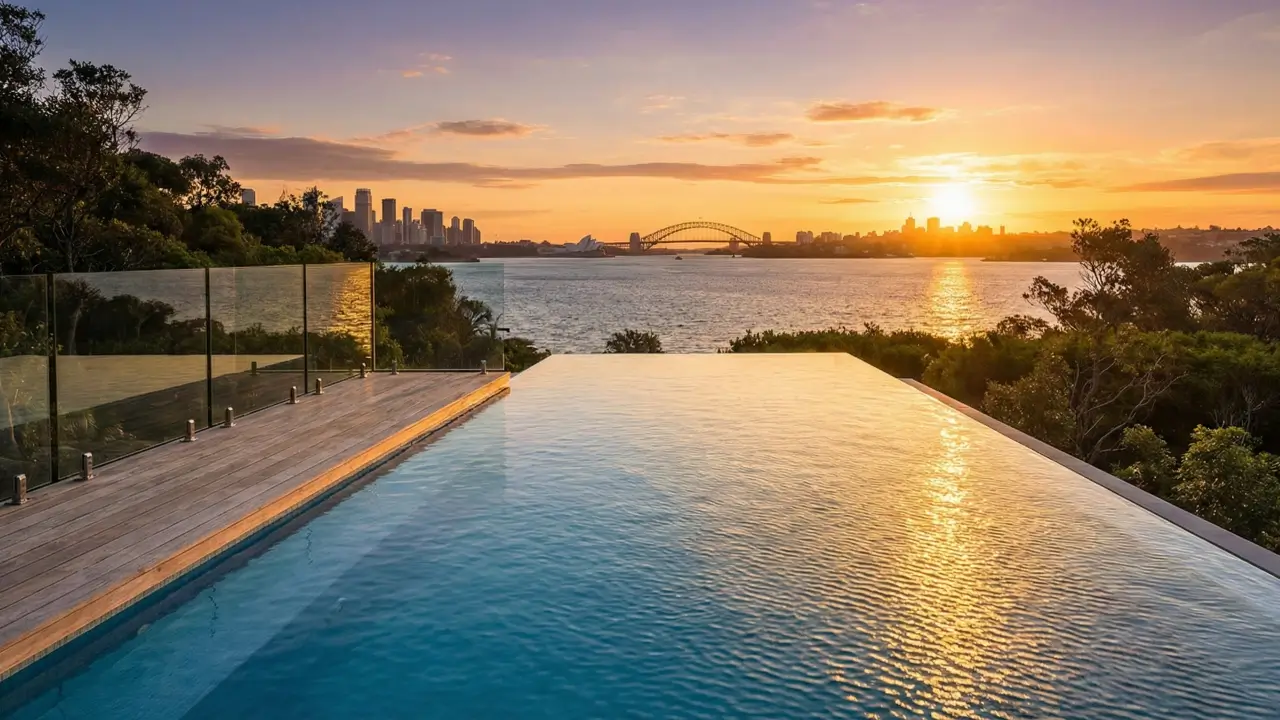 A compact concrete plunge pool designed for a small urban courtyard with glass fencing.