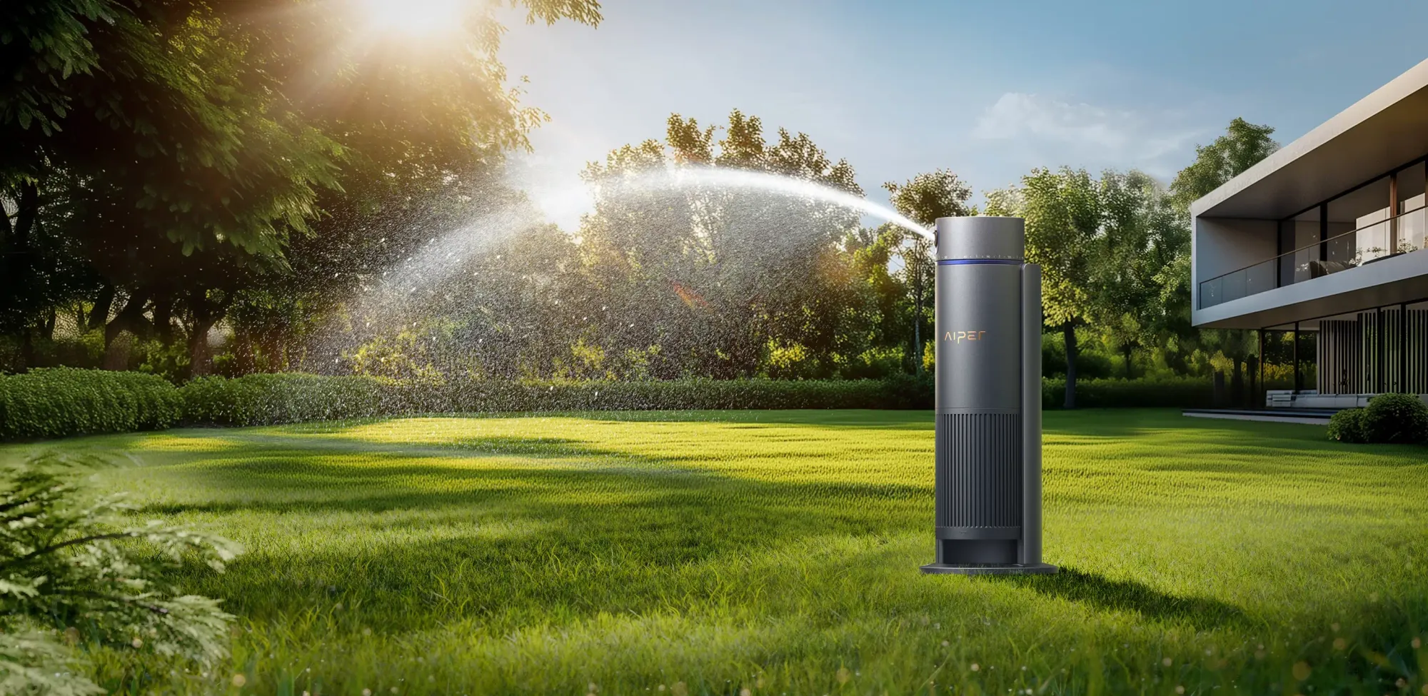 The Aiper IrriSense 2 smart irrigation system efficiently watering a lush, healthy home lawn.