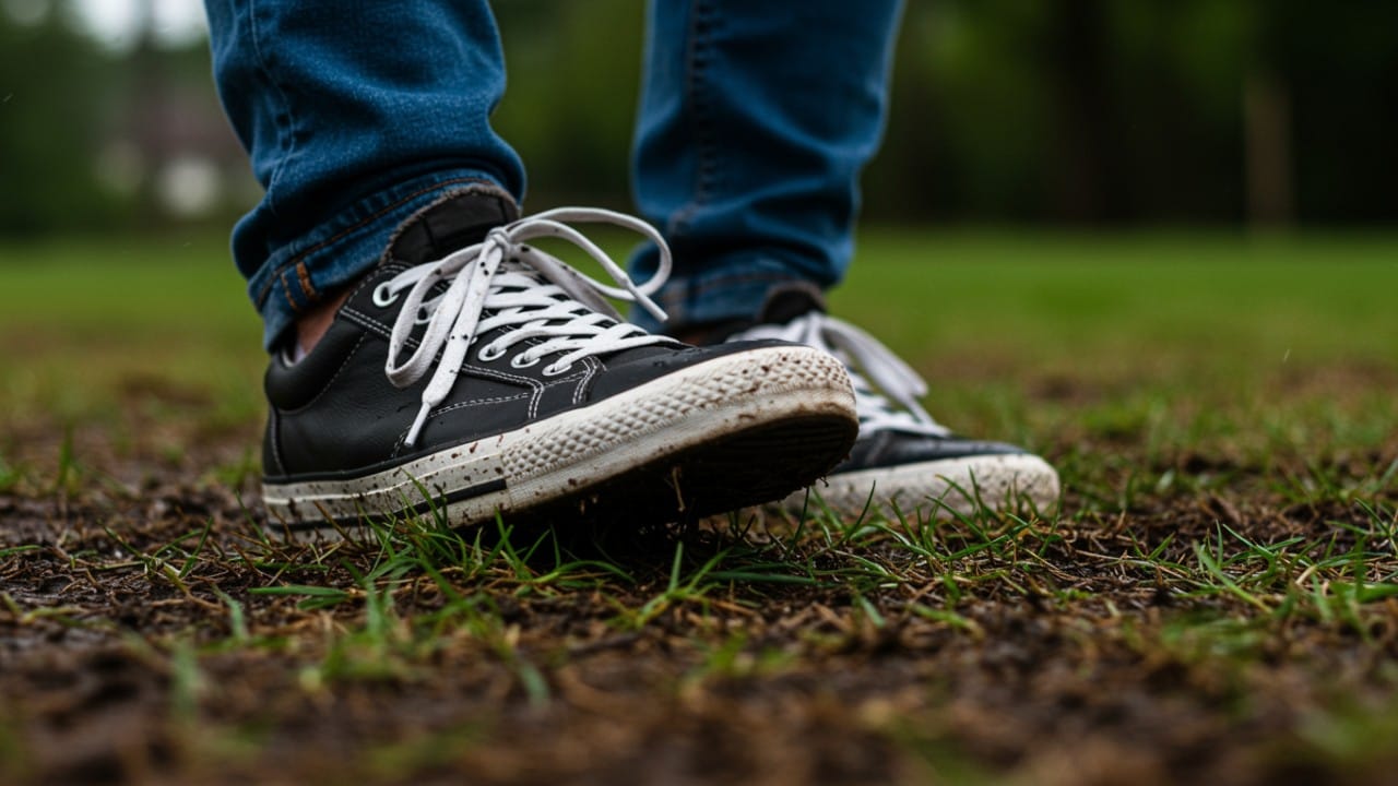 Footprint remaining visible on dry grass indicating heat stress instead of dormancy.
