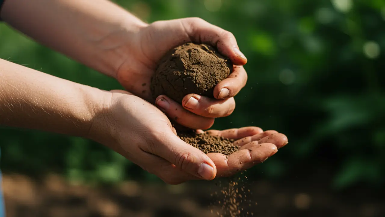 A gardener performing the squeeze test to identify sticky clay versus crumbling sandy soil.