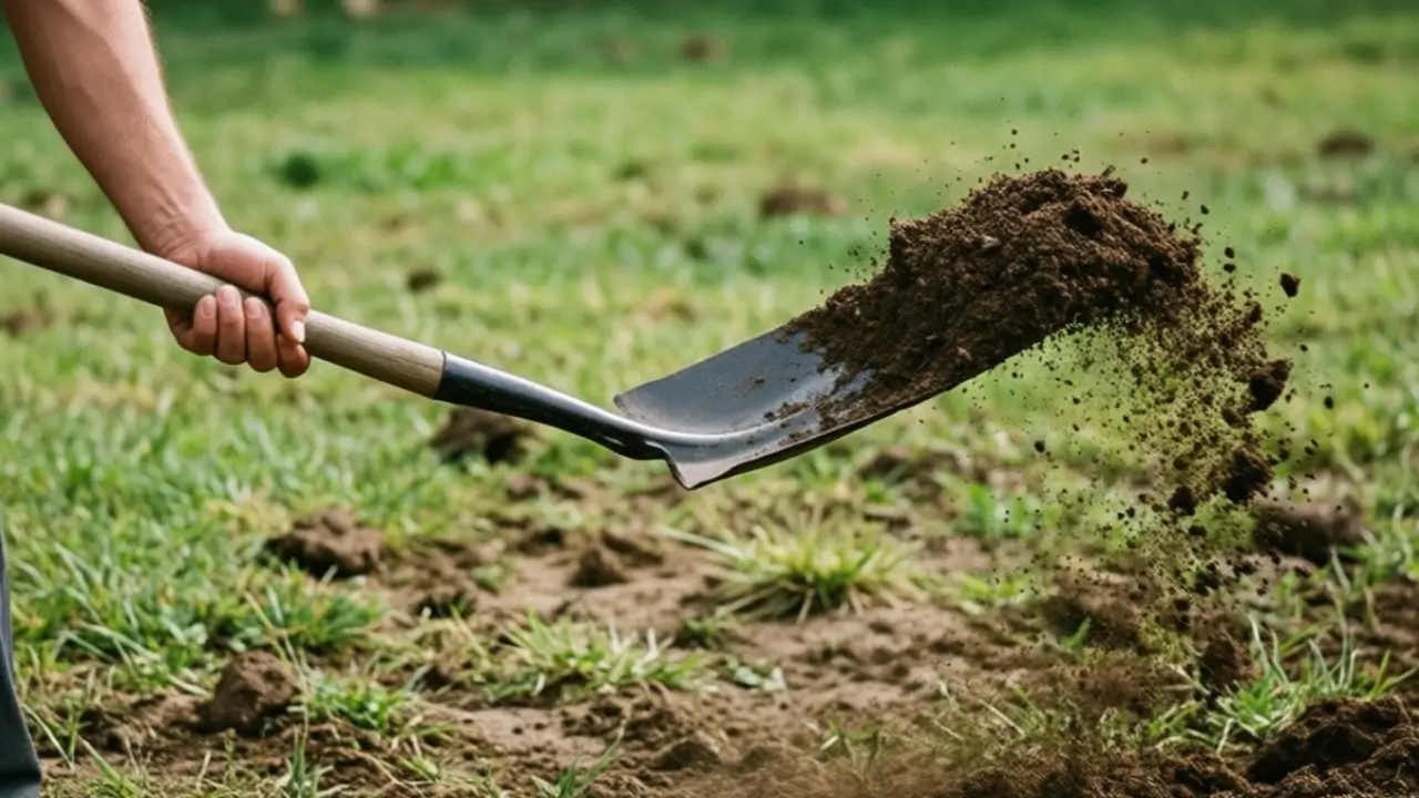 Homeowner spreading top dressing soil mix over the lawn using a shovel.