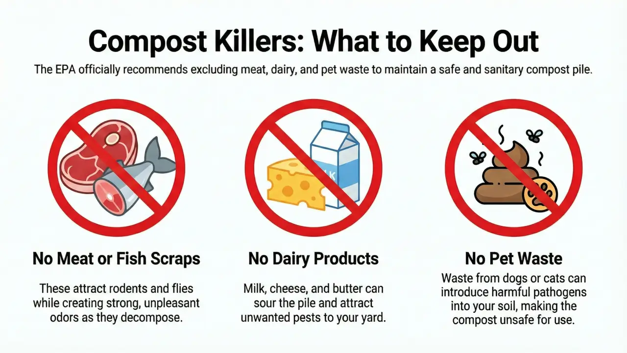 Examples of items you should never put in your home compost pile, such as meat, dairy, and pet waste.