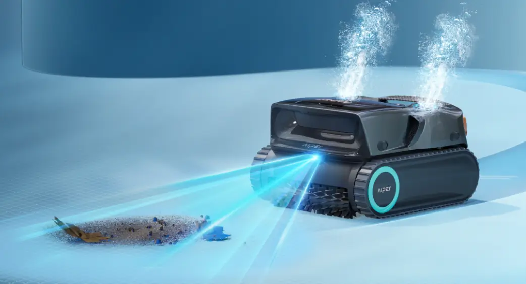 Aiper Scuba X1 Pro Max cordless robotic pool cleaner cleaning debris in a swimming pool.