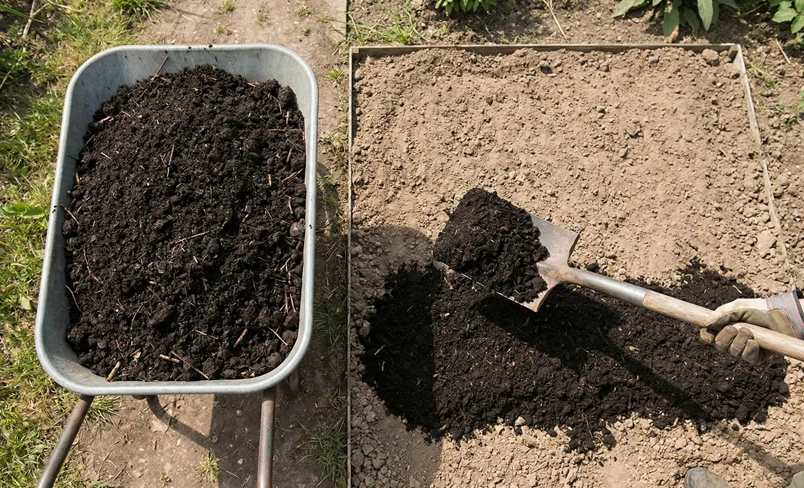 Spreading a thick layer of organic compost over hard clay to improve soil structure.