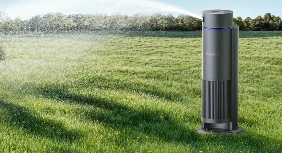 Aiper IrriSense 2 4-in-1 smart irrigation unit spraying water on a lush green lawn to demonstrate efficient watering technology.