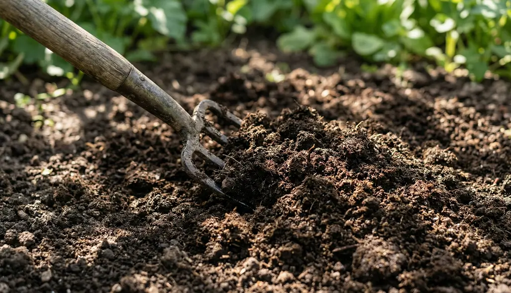 Garden fork with wooden handle mixing organic compost and manure into soil, enhancing lawn health with natural materials.