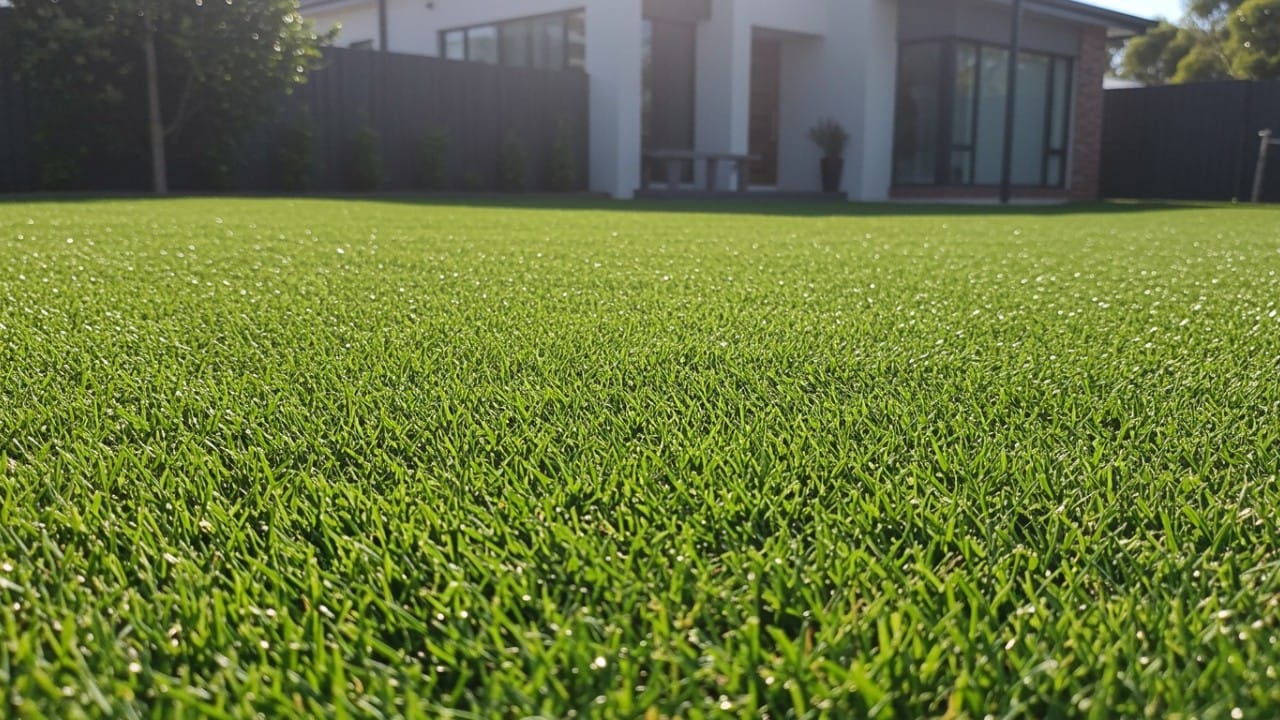 Lush, well-maintained green lawn in a residential backyard, the result of balanced organic and synthetic fertilizer care.