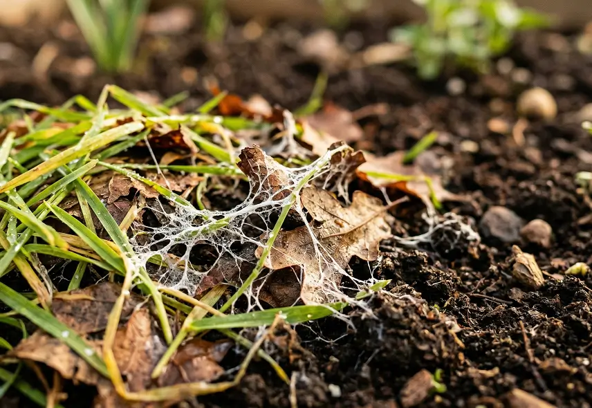 Decomposing grass clippings and autumn leaves with visible fungal mycelium, illustrating how soil microbes break down organic matter to release nutrients for lawn growth.