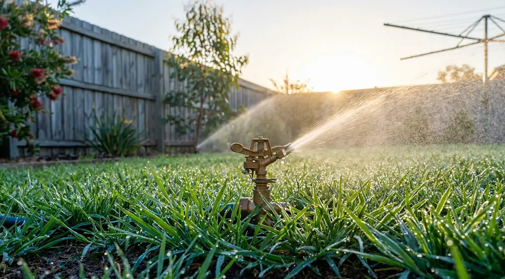 Sprinklers watering a green lawn at sunrise to minimize evaporation and prevent fungal growth.