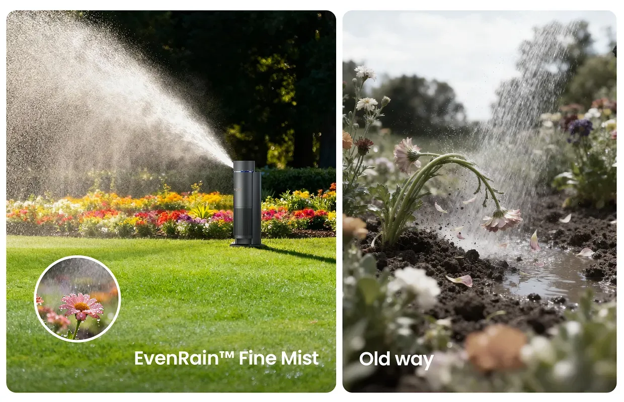 A gentle mist of water evenly covering a sloped grass hill to prevent soil erosion.