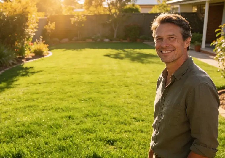 Homeowner enjoying a lush drought-resistant lawn after fixing common watering mistakes.