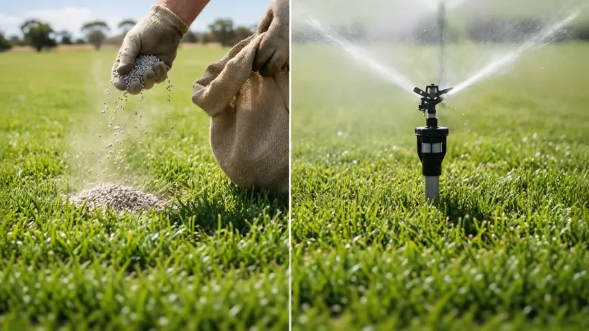 Comparison of manual fertiliser spreading versus automated irrigation spray.