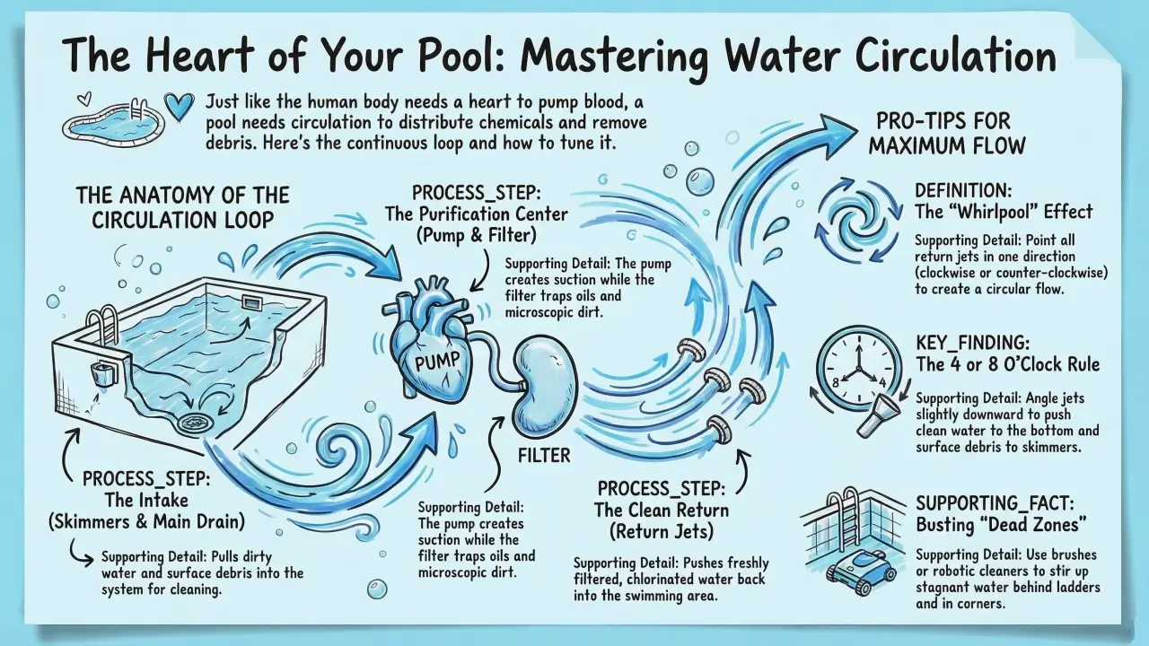 Diagram of a pool circulation system showing the pump, filter, and return jets.