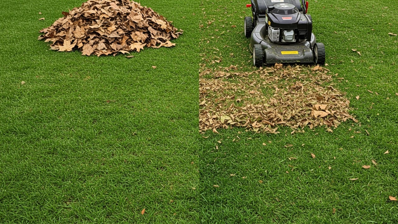 A comparison showing a freshly raked lawn next to grass with finely mulched leaf pieces.