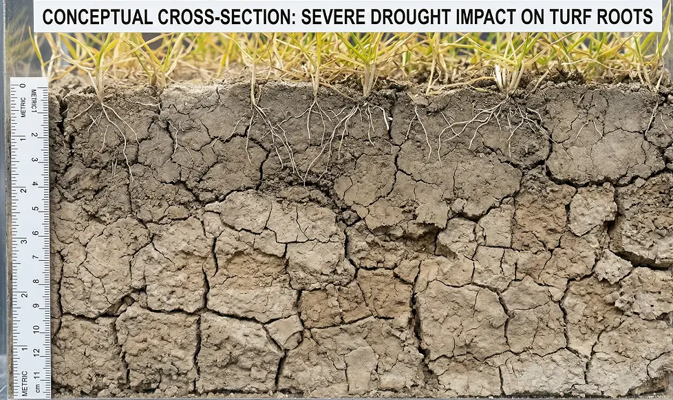 Soil cross-section showing weak shallow grass roots caused by frequent light watering habits.