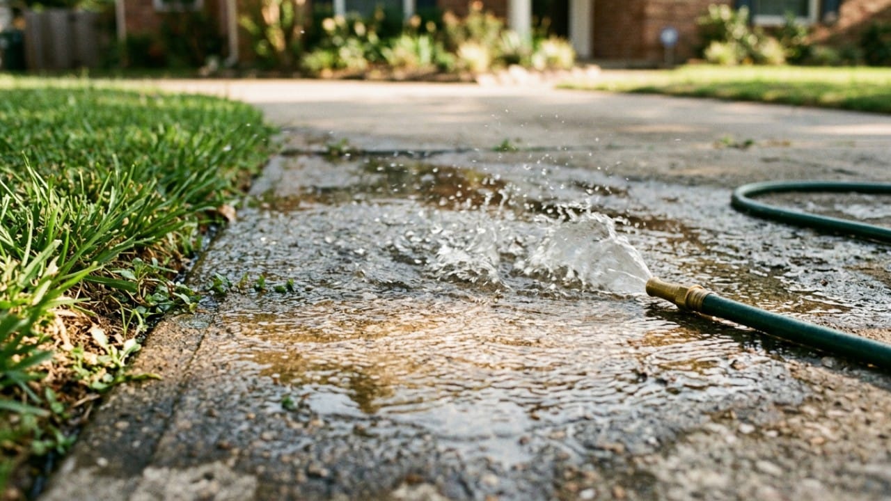 Water from a traditional lawn sprinkler running off wastefully onto a concrete residential driveway.