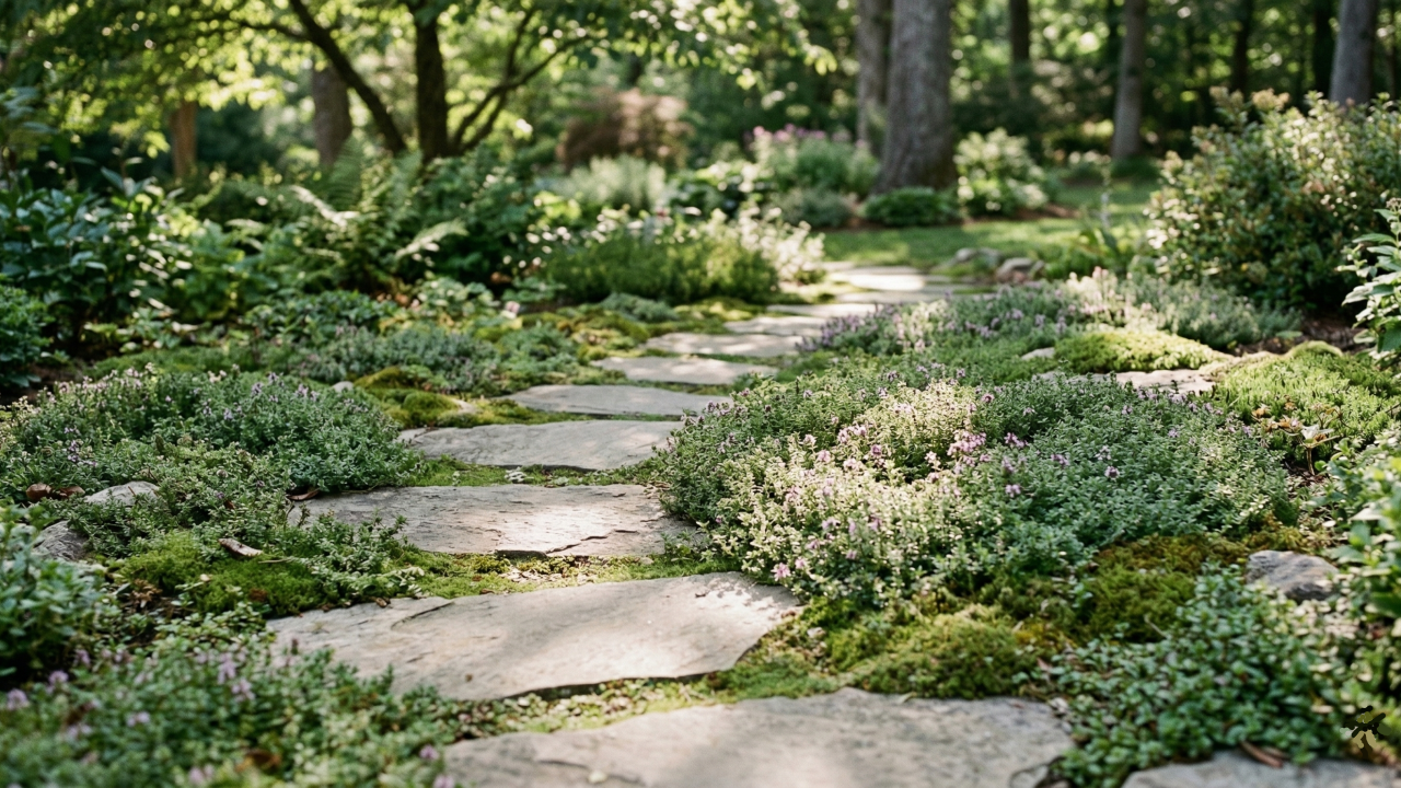 Natural stone pathway curving gently through dense ground cover in a garden.
