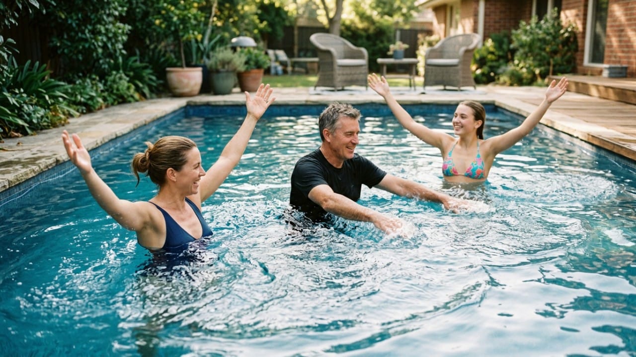 A group of friends experiencing water fitness benefits by doing arm resistance training in a pool.