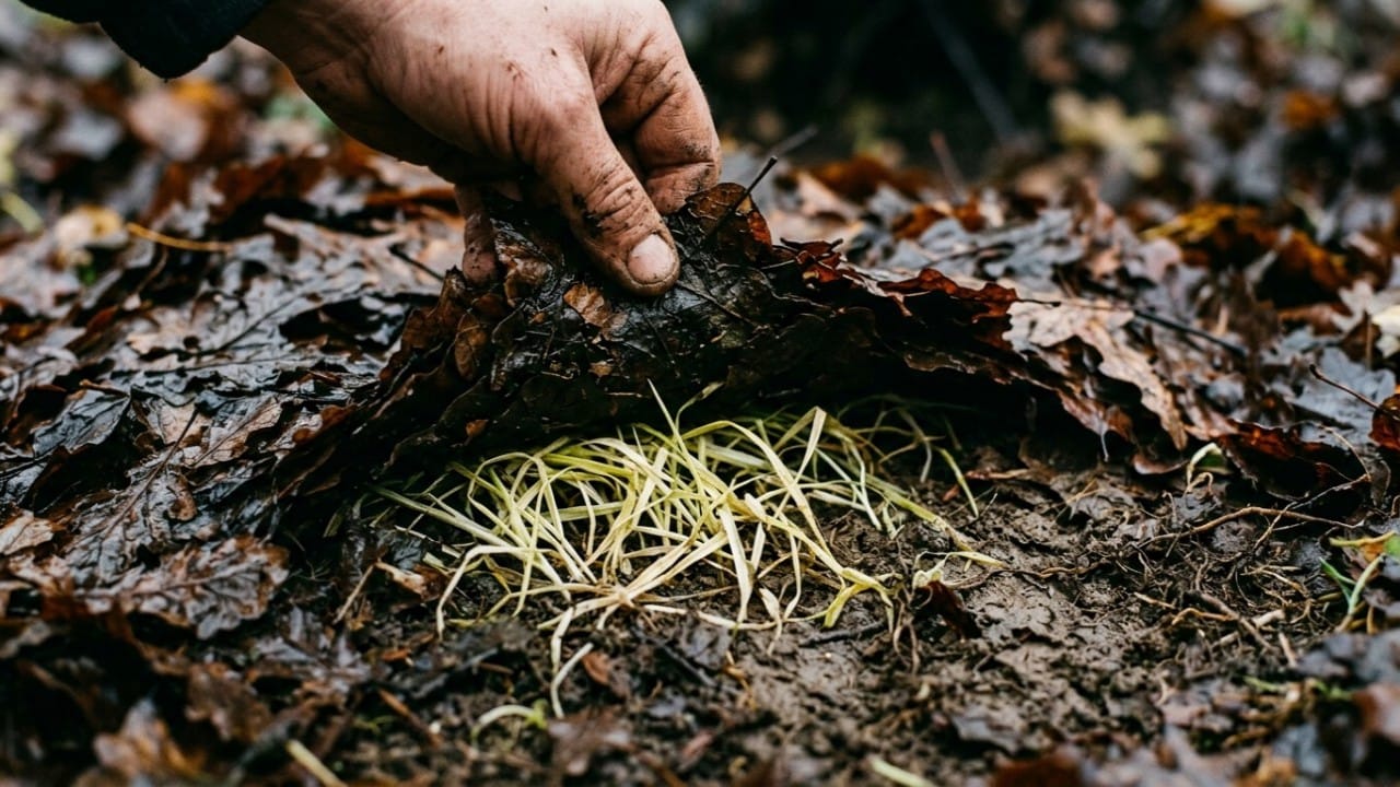 Close-up of yellowed grass suffocating under a thick layer of wet, matted autumn leaves.