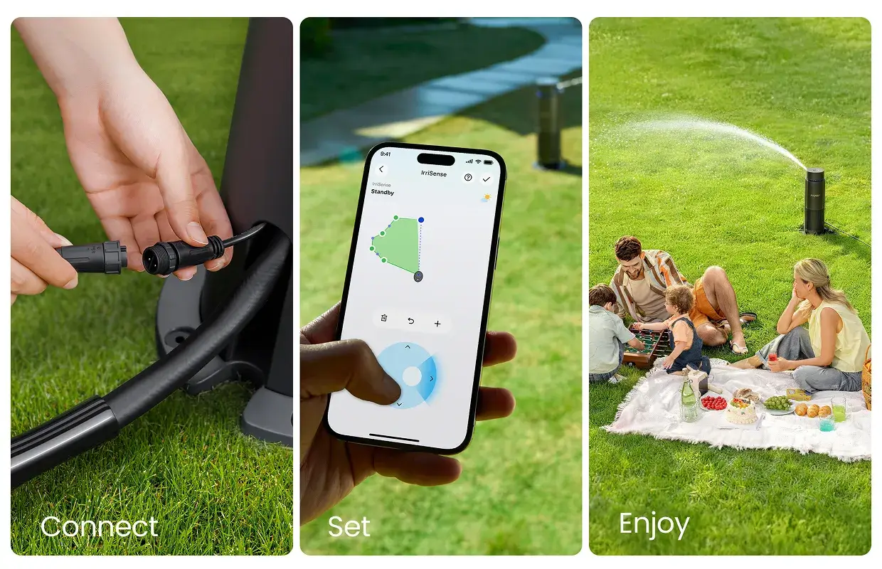Three-panel image showing the Connect, Set, Enjoy process of the Aiper IrriSense 2 smart above-ground watering system for low-maintenance yard care.