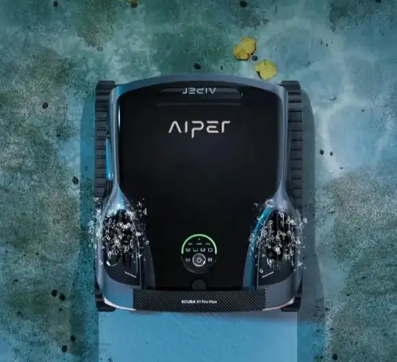 Aiper Scuba X1 Pro Max pool cleaning robot working in the swimming pool, effectively removing debris and fine contaminants to aid routine pool maintenance and reduce leftover chemicals.