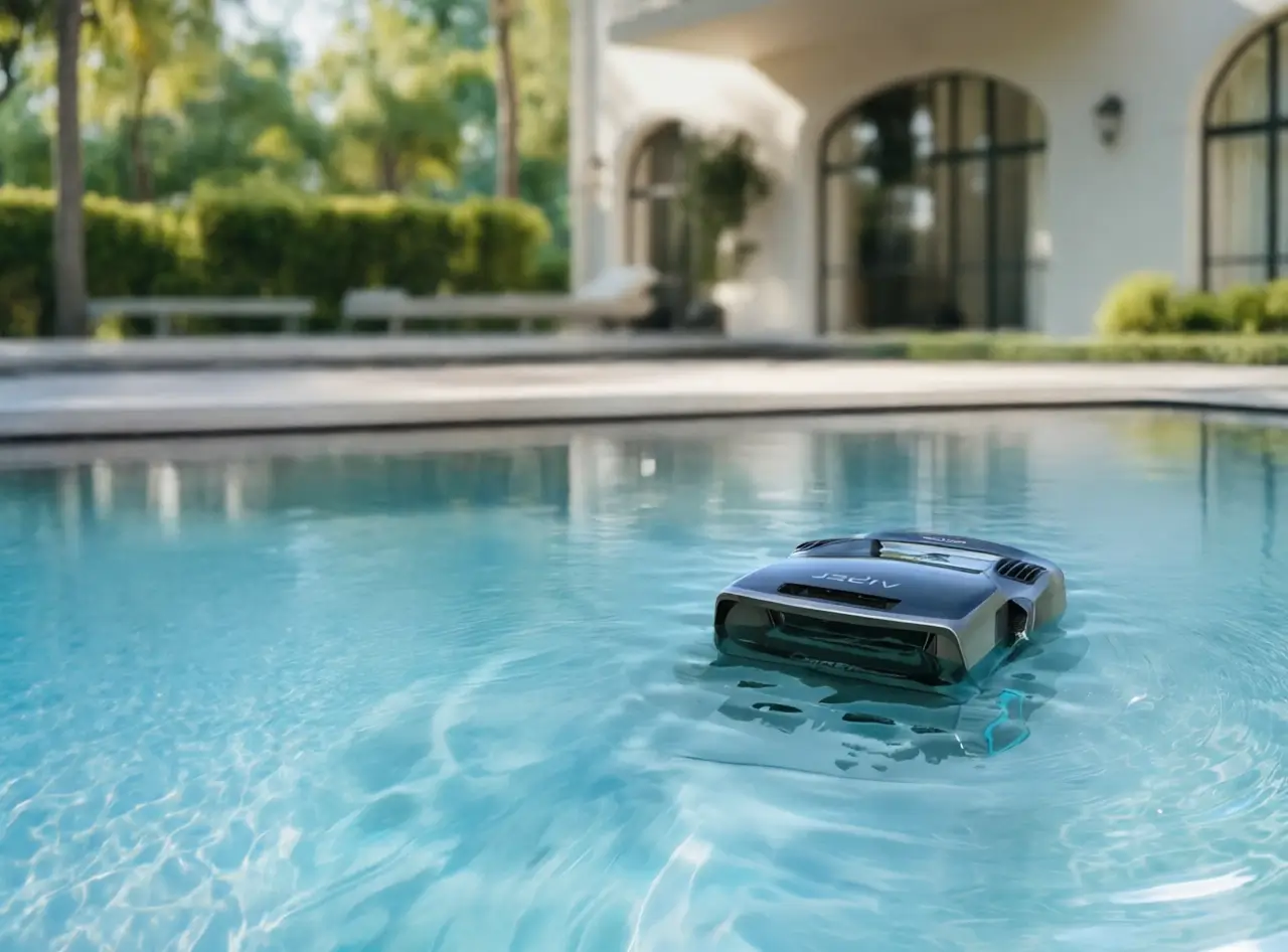 Aiper Scuba X1 Pro Max in clear pool, glass filter media and robot collaboration for water clarity.