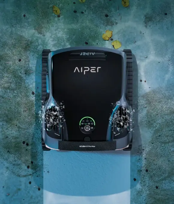 Aiper Scuba X1 Pro Max robotic pool cleaner removing debris from the pool floor to reduce chemical use.