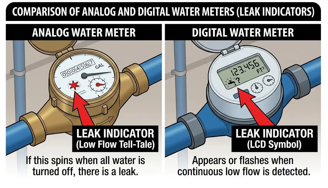 Water meter dial showing the leak indicator location on analog and digital meters for irrigation leak detection.