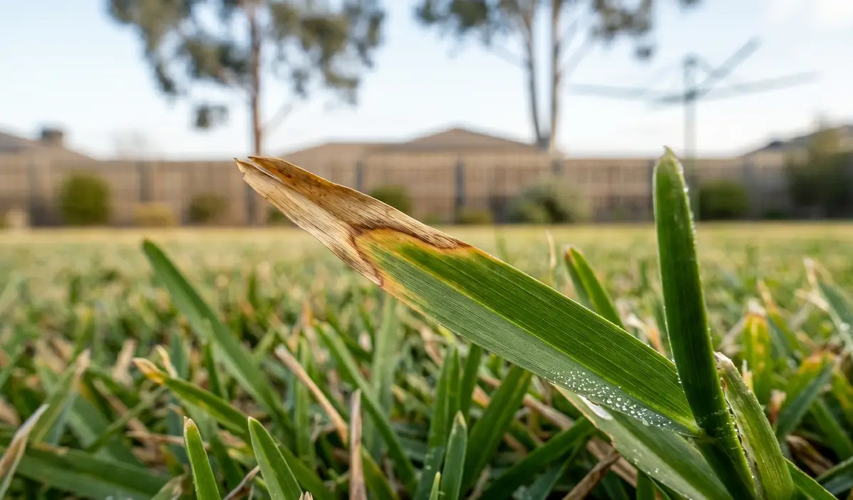 Close-up of Buffalo grass blades showing natural color change and semi-dormancy during the Australian winter.