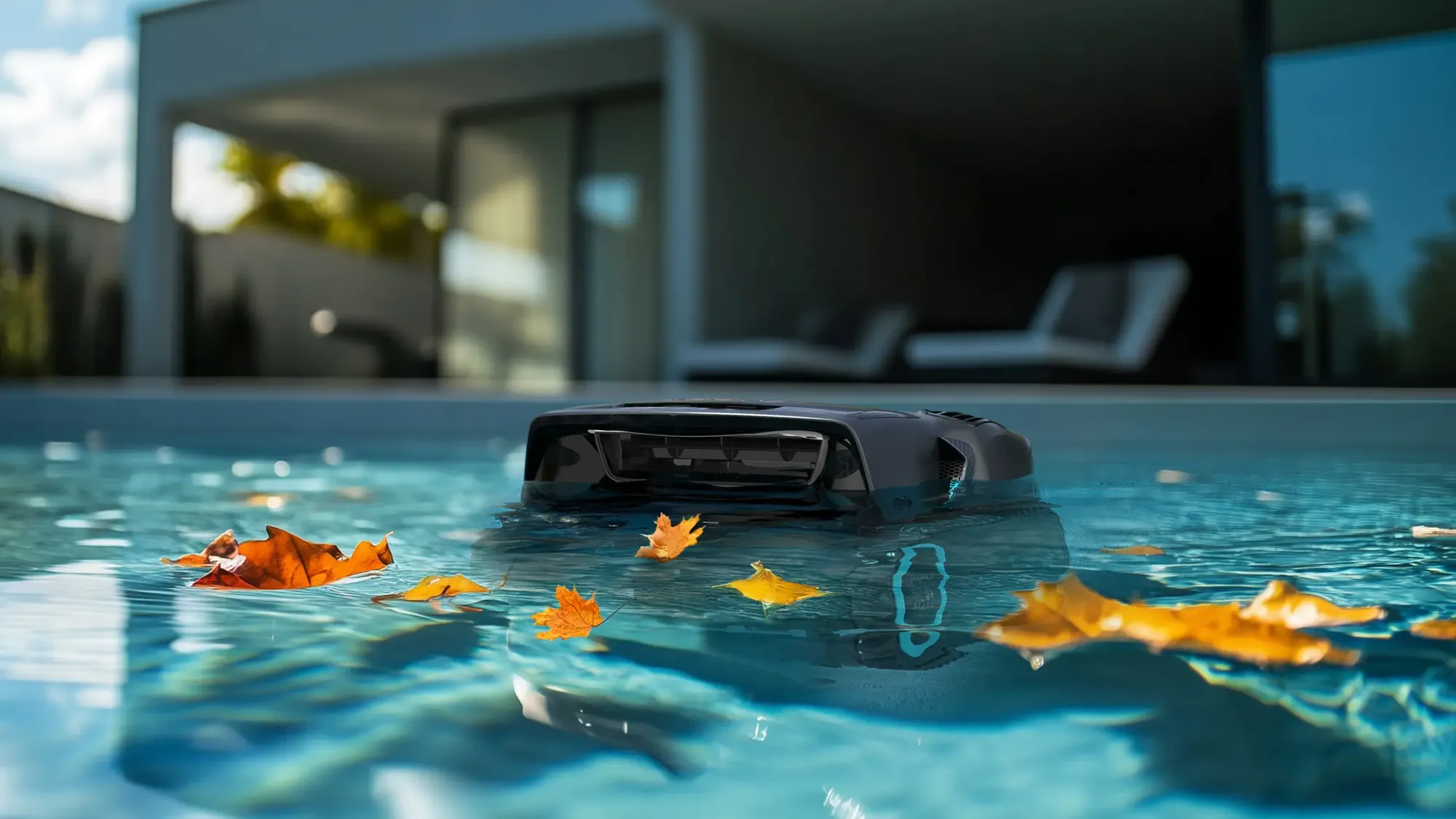A robotic pool cleaner removing fine debris and leaves from the pool.