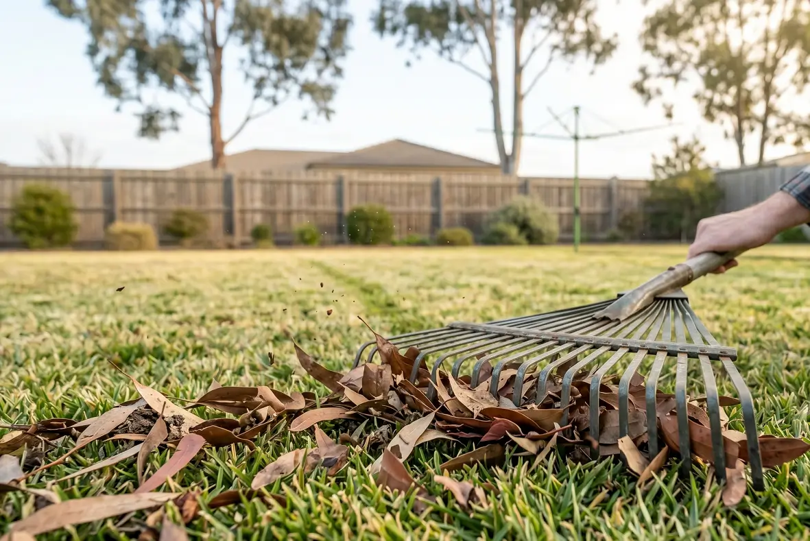 Raking fallen leaves and organic debris off an Australian lawn to prevent light blockage and disease.