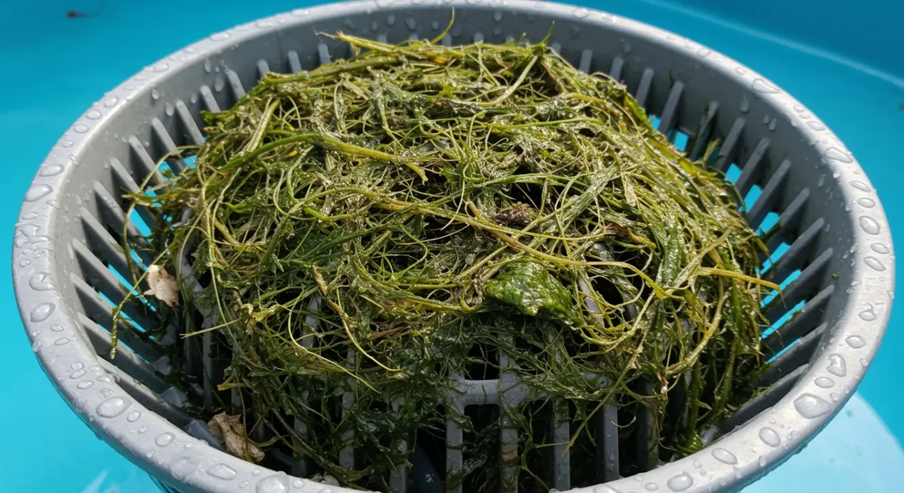 Clogged pool skimmer basket filled with green algae and debris causing pump prime loss.