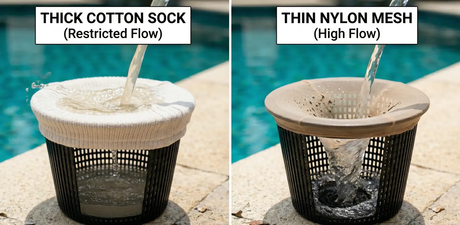 Thick cotton sock restricts water flow while thin nylon mesh allows high flow for DIY pool skimmer pre-filtration.